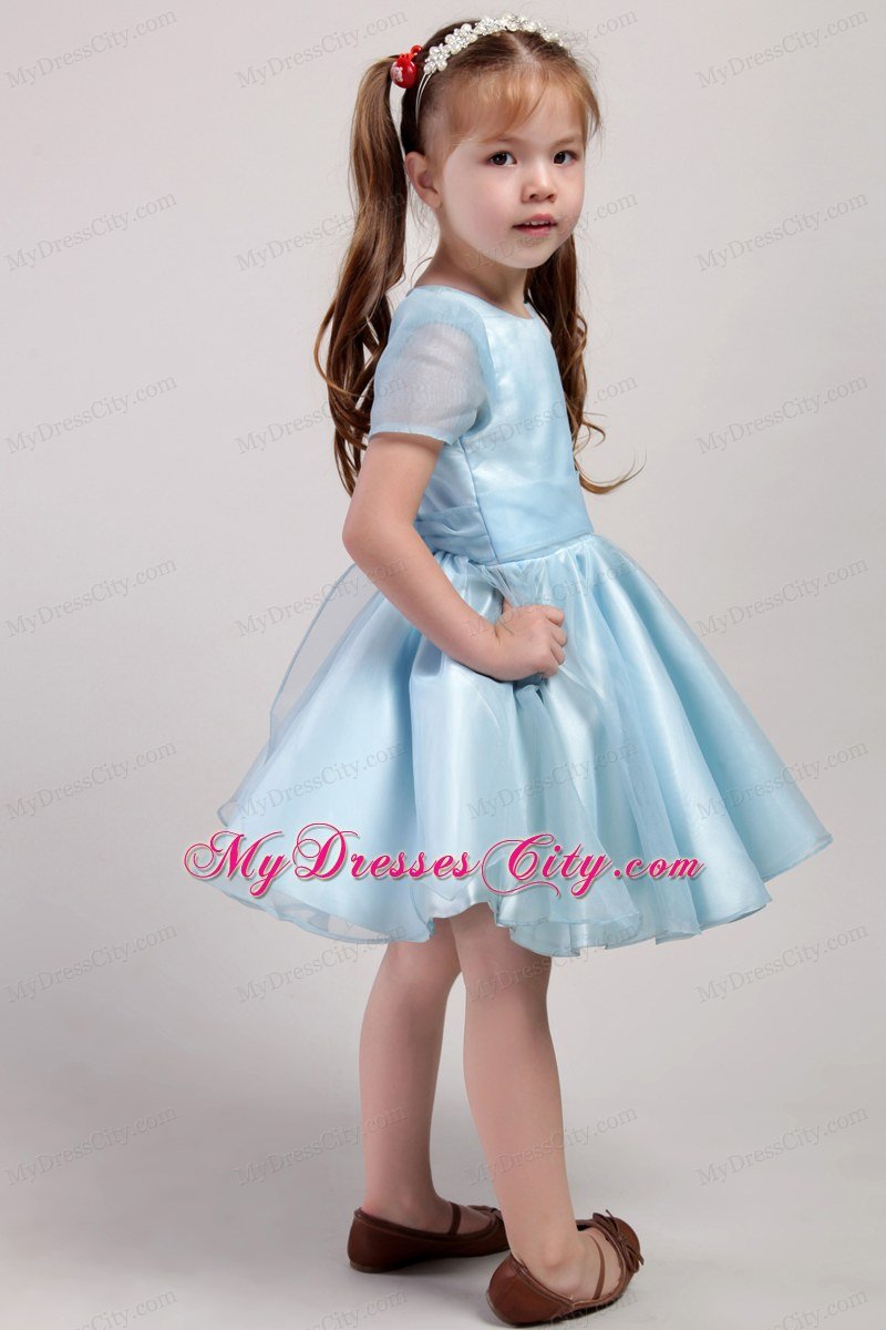 Blue Knee-length Little Girl Dress Scoop Short Sleeves Style with Bowknot