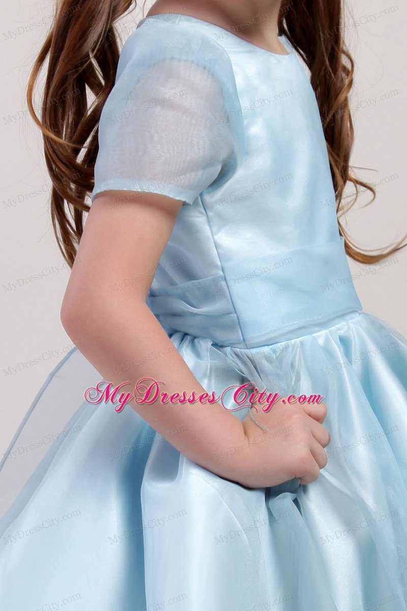 Blue Knee-length Little Girl Dress Scoop Short Sleeves Style with Bowknot