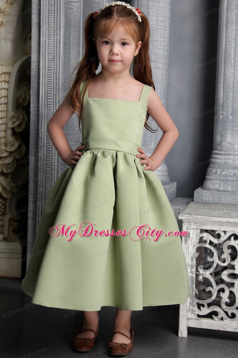 Olive Green A-line wtih Straps Belt and Bowknot Tea-length Little Girl Dress