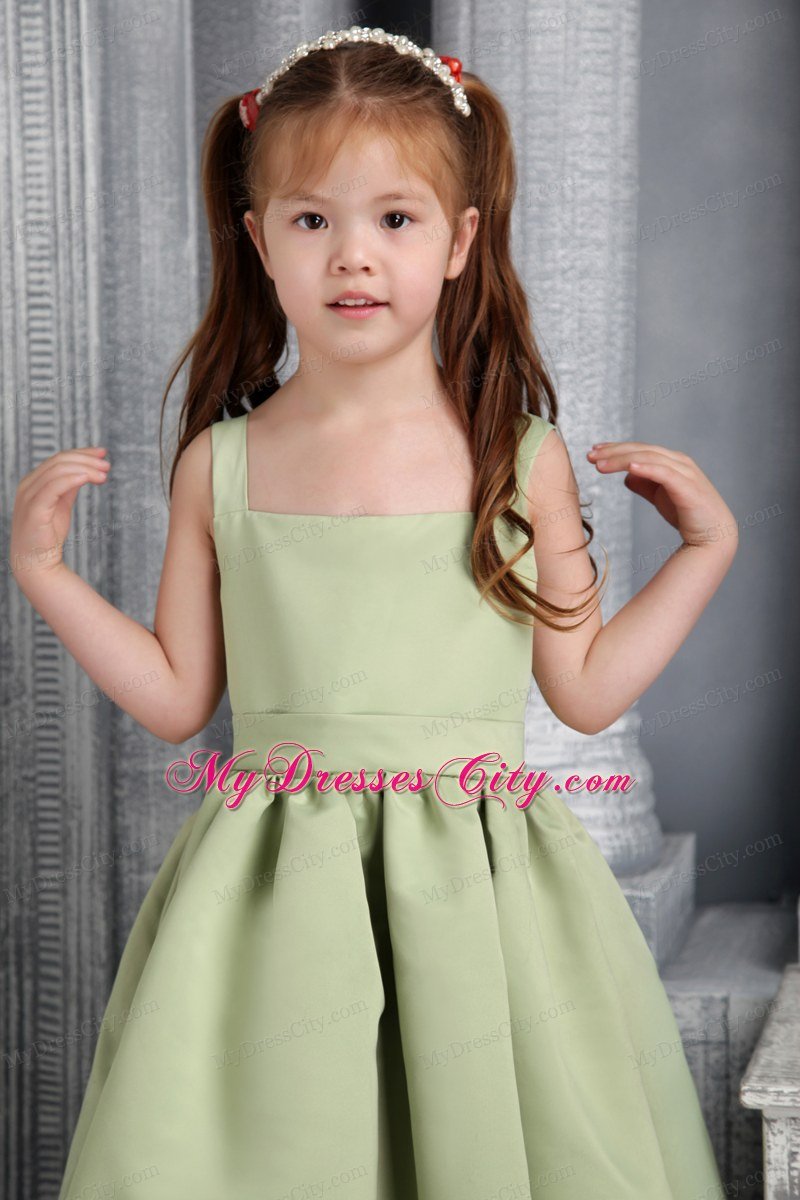 Olive Green A-line wtih Straps Belt and Bowknot Tea-length Little Girl Dress