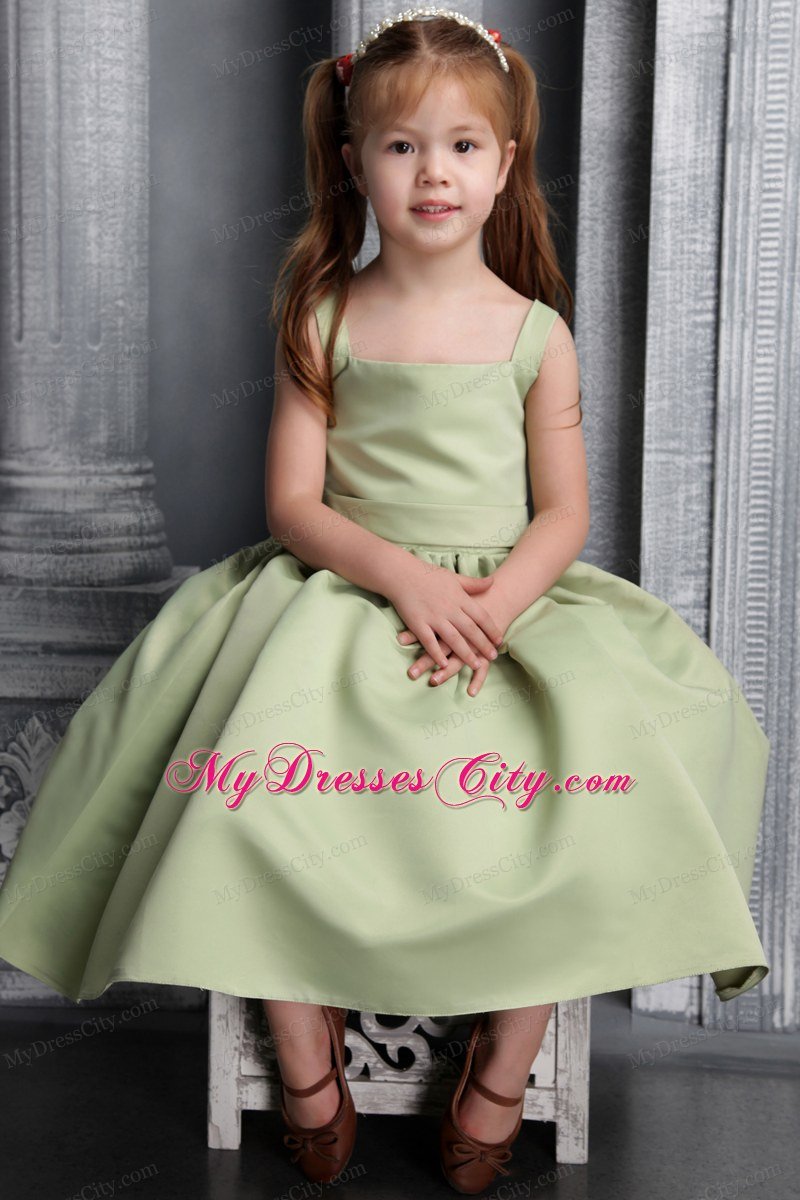 Olive Green A-line wtih Straps Belt and Bowknot Tea-length Little Girl Dress