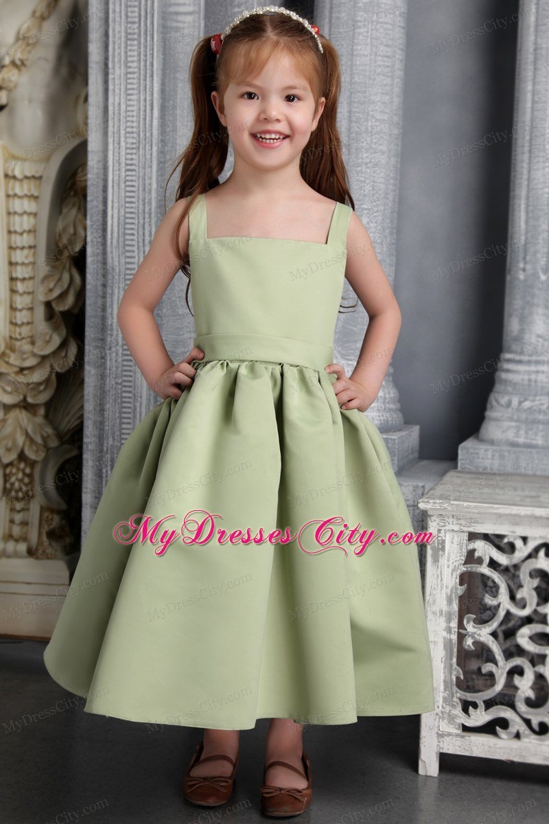 Olive Green A-line wtih Straps Belt and Bowknot Tea-length Little Girl Dress