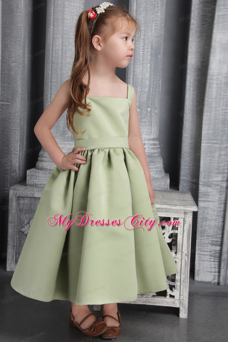 Olive Green A-line wtih Straps Belt and Bowknot Tea-length Little Girl Dress