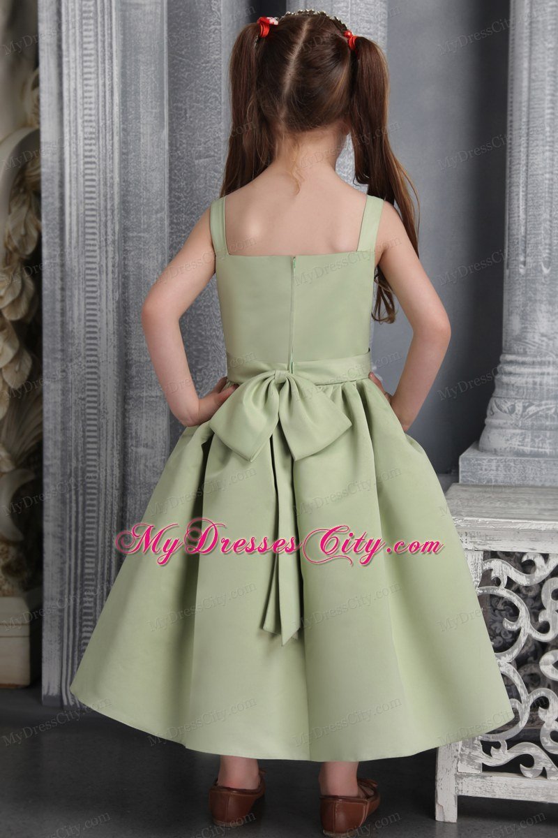 Olive Green A-line wtih Straps Belt and Bowknot Tea-length Little Girl Dress