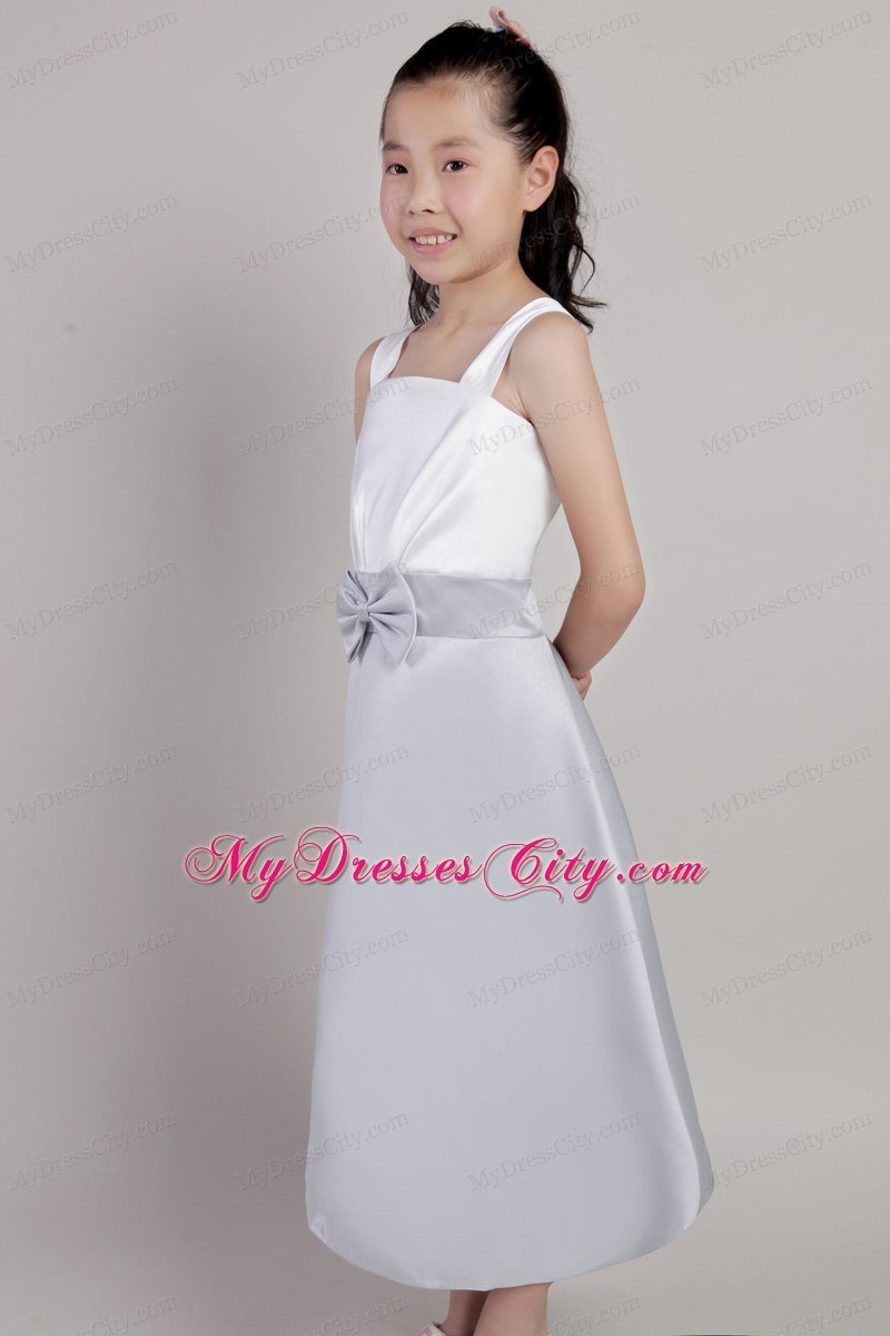 White and Lilac A-line Straps and Bow Decorate Flower Girl Dress