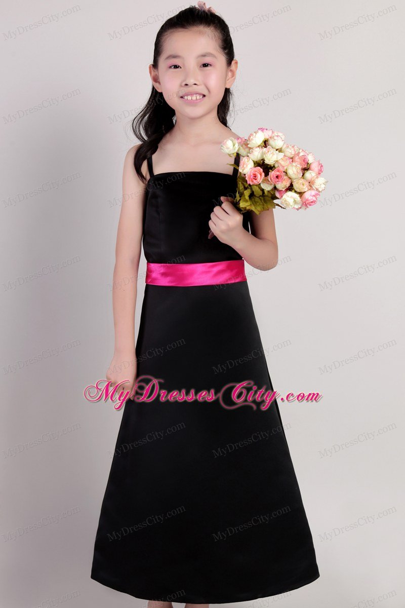 Black Flower Girl Dress A-line Ankle-length Style with Straps and Sash