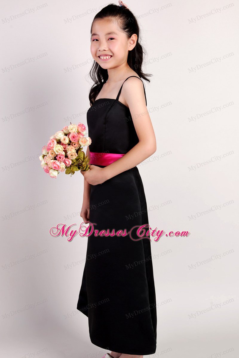 Black Flower Girl Dress A-line Ankle-length Style with Straps and Sash