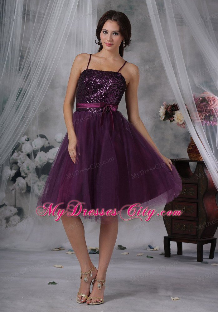 Purple A-Line Spaghetti Straps Paillette Homecoming Dress with Belt