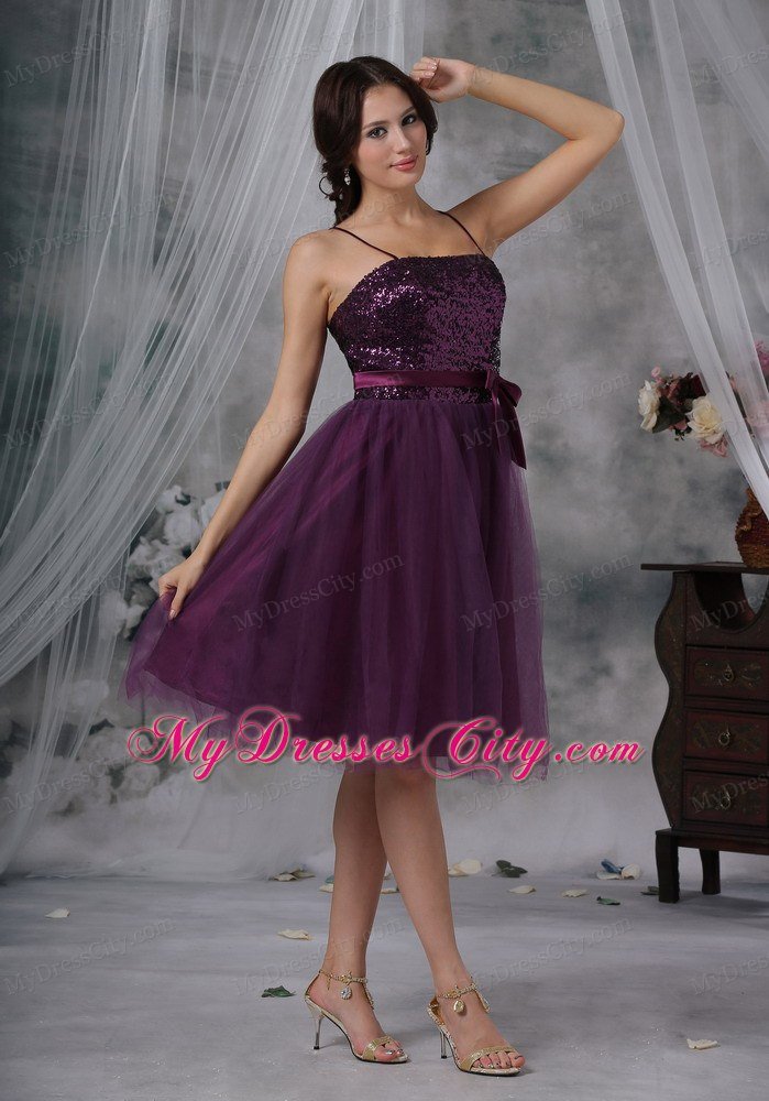 Purple A-Line Spaghetti Straps Paillette Homecoming Dress with Belt