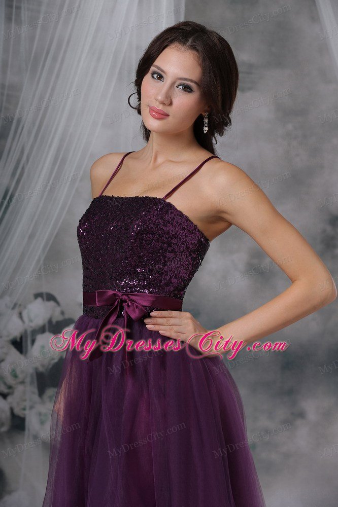 Purple A-Line Spaghetti Straps Paillette Homecoming Dress with Belt