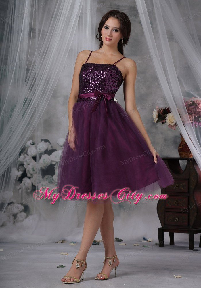 Purple A-Line Spaghetti Straps Paillette Homecoming Dress with Belt