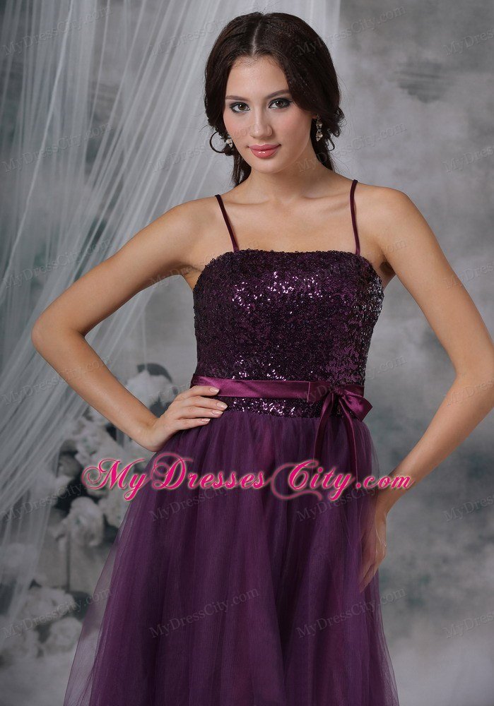 Purple A-Line Spaghetti Straps Paillette Homecoming Dress with Belt