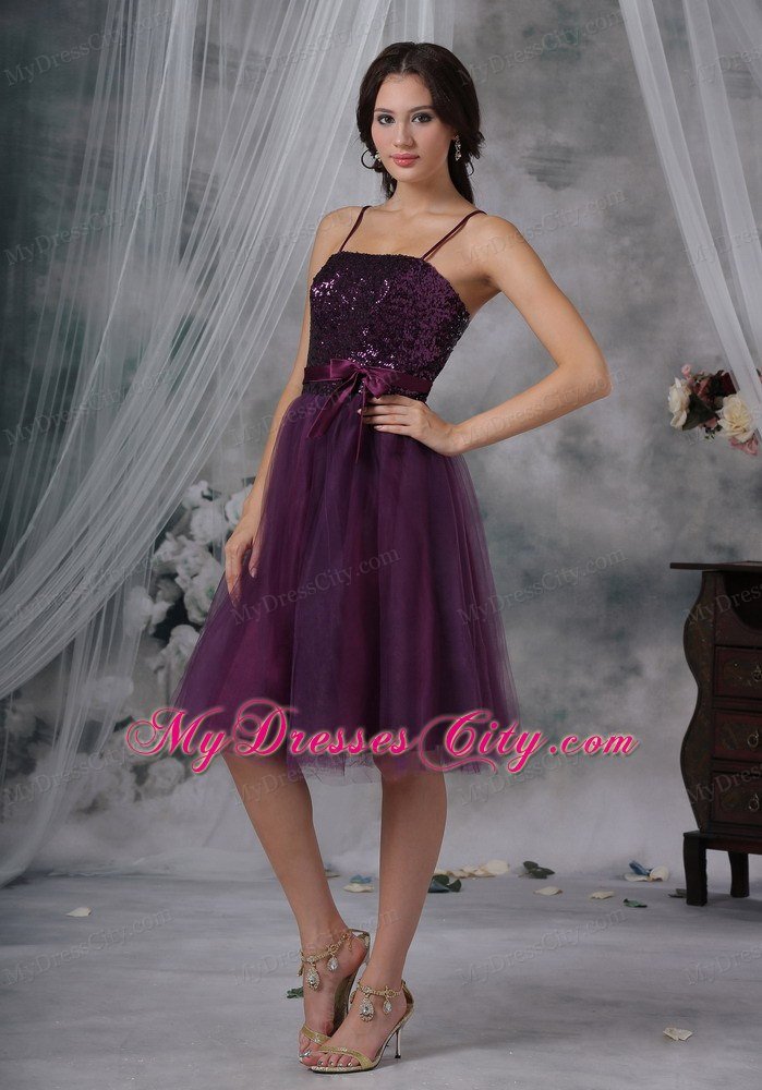 Purple A-Line Spaghetti Straps Paillette Homecoming Dress with Belt