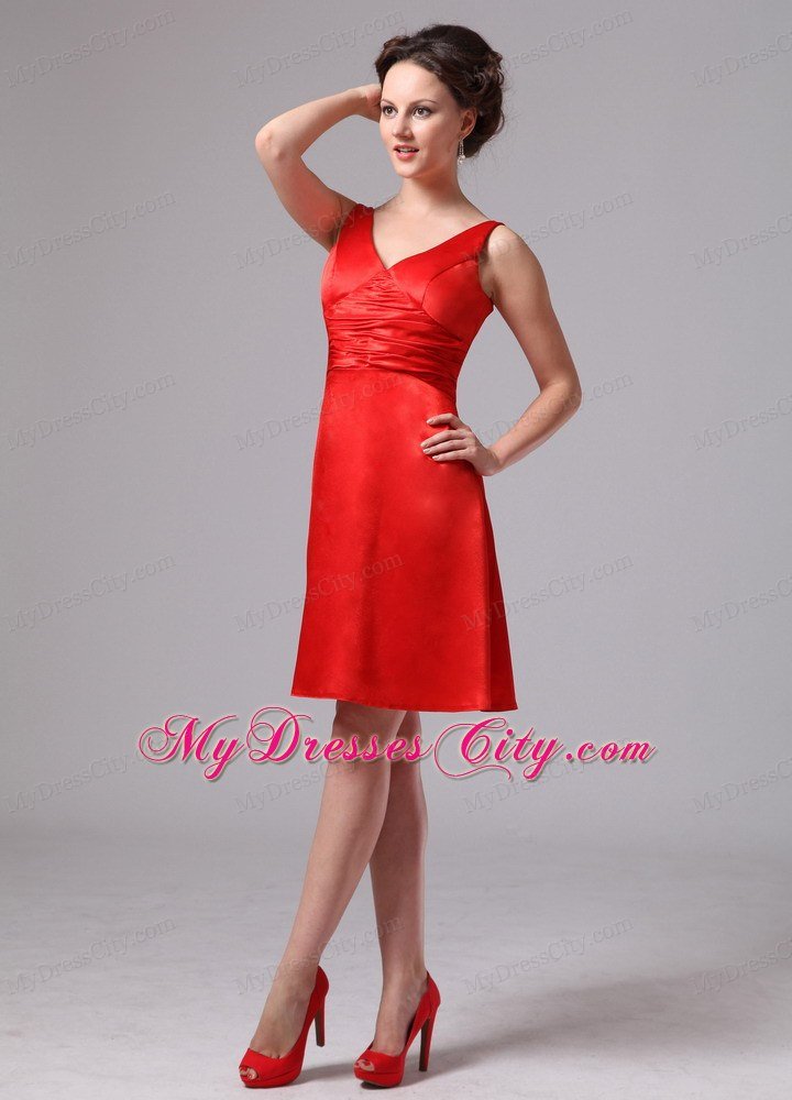Red Ruch V-neck Empire Satin Knee-length Homecoming Dress