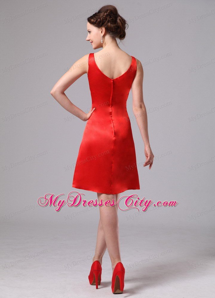 Red Ruch V-neck Empire Satin Knee-length Homecoming Dress