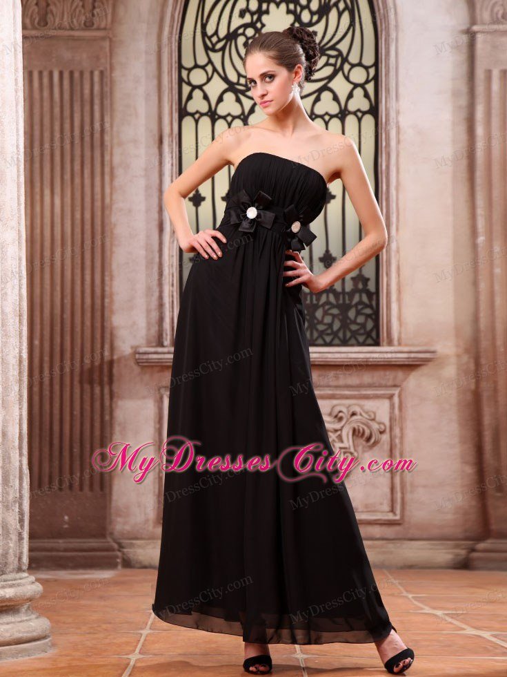 Ankle-length Black Chiffon Homecoming Dress With Hand Flowers