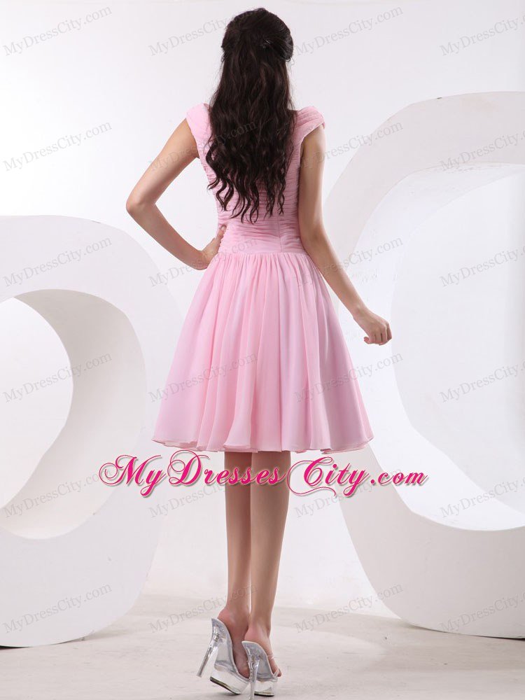 Bateau Knee-length Baby Pink Homecoming Dress With Ruched Bodice