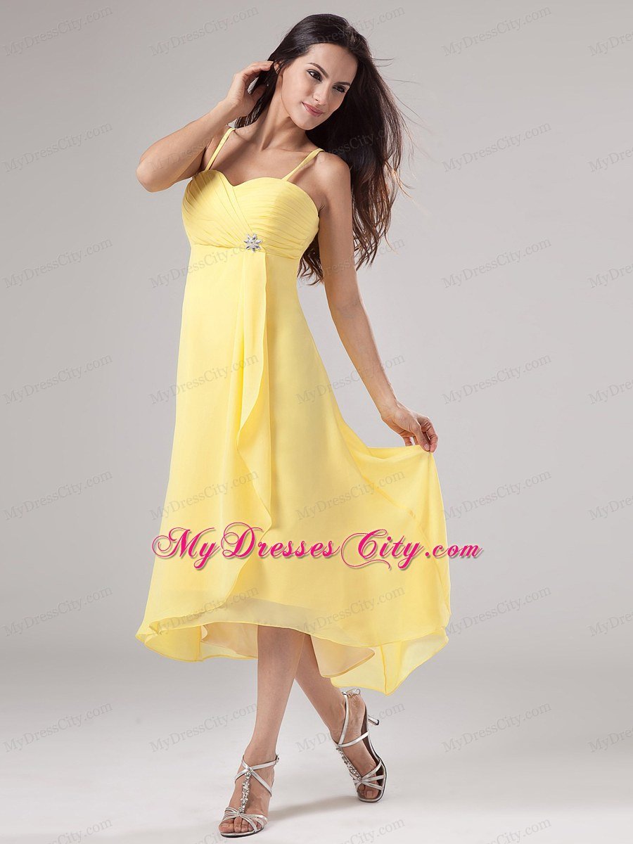 Chiffon Ruche Spaghetti Straps Beaded Homecoming Dress in Yellow