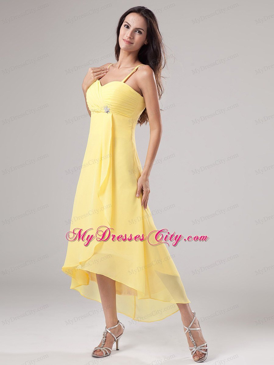 Chiffon Ruche Spaghetti Straps Beaded Homecoming Dress in Yellow