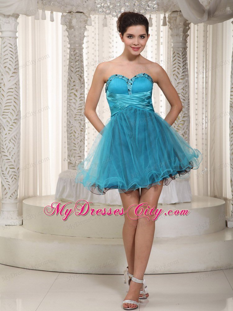 Sweetheart Teal A-line Mini Tulle Beaded Homecoming Dress