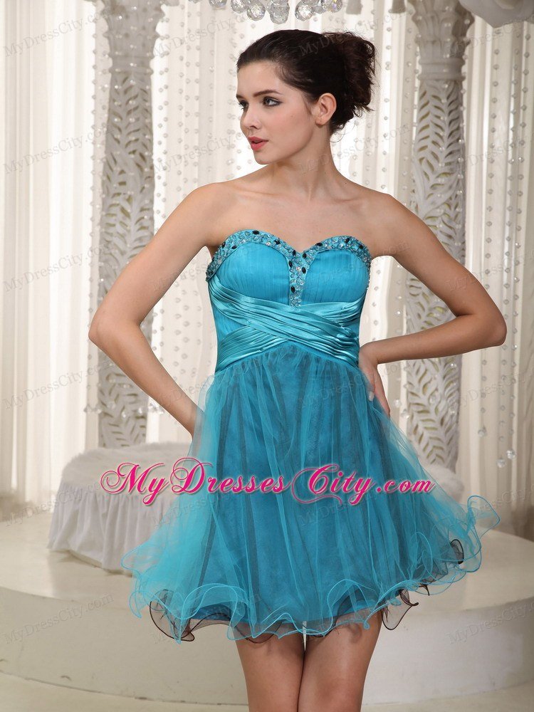 Sweetheart Teal A-line Mini Tulle Beaded Homecoming Dress