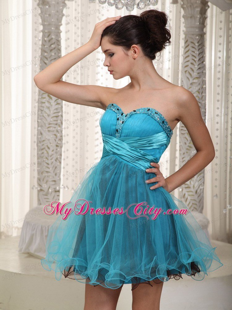 Sweetheart Teal A-line Mini Tulle Beaded Homecoming Dress
