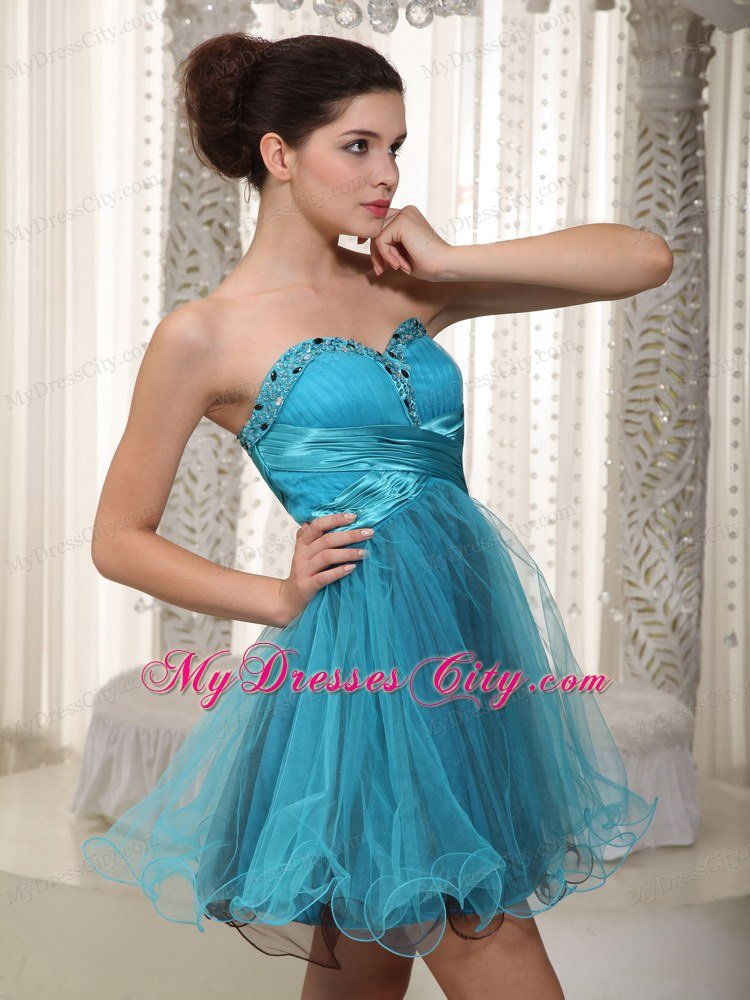 Sweetheart Teal A-line Mini Tulle Beaded Homecoming Dress