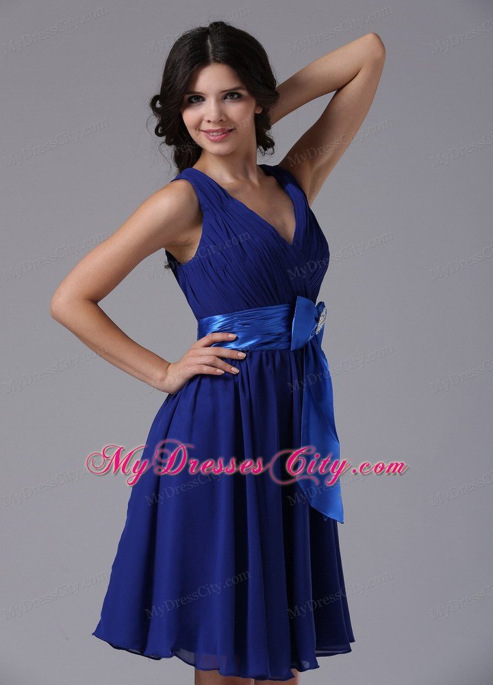 Peacock Blue Chiffon Straps Homecoming Dress With Bowknot