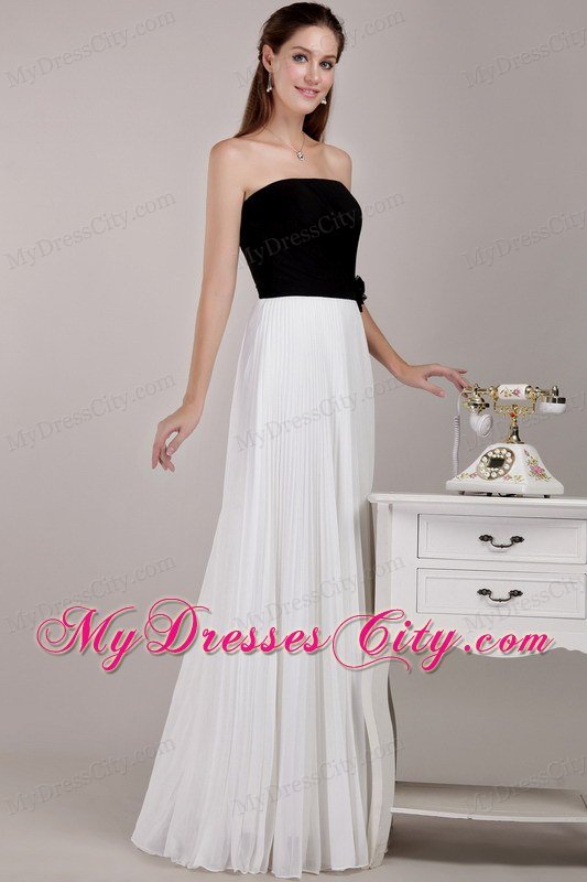 Pleating and Hand Made Flowers Bridesmaid Dress in Black and White