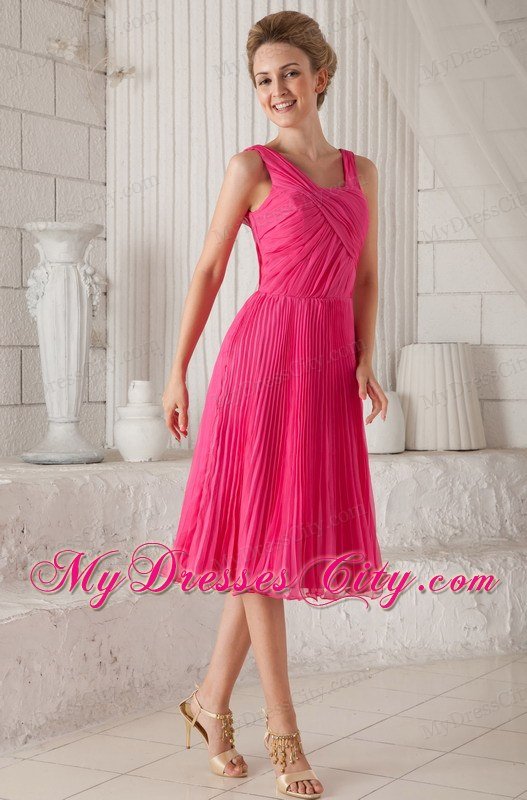 Tealength Hot Pink Straps Organza Pleated Dress