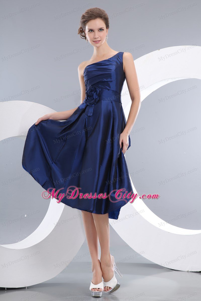 Navy Blue One Shoulder Floral Taffeta Homecoming Dress 2013