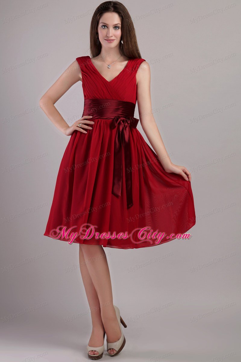V-neck Ruching Maid of Honor Dress with Satin Sash and Bowknot