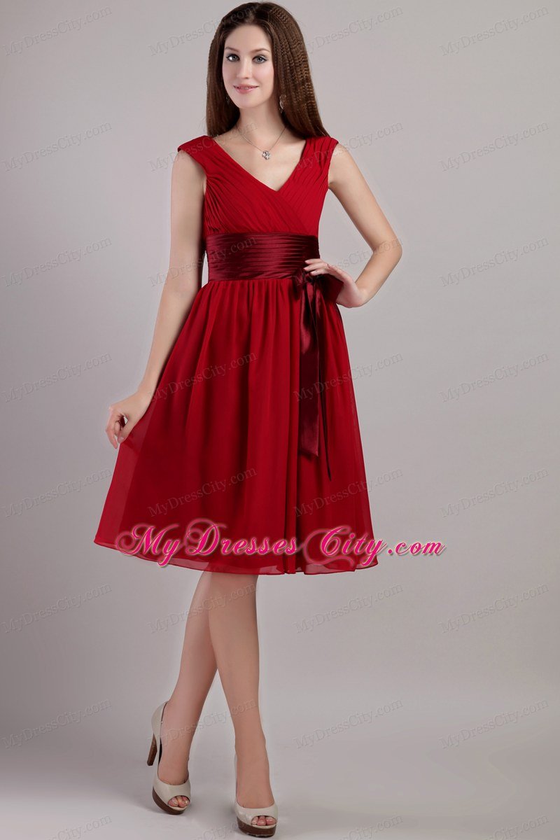V-neck Ruching Maid of Honor Dress with Satin Sash and Bowknot