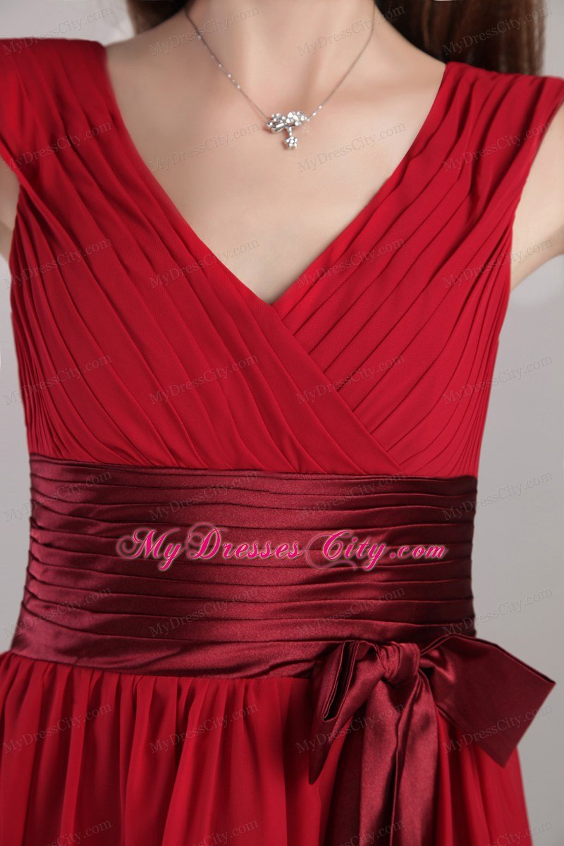 V-neck Ruching Maid of Honor Dress with Satin Sash and Bowknot