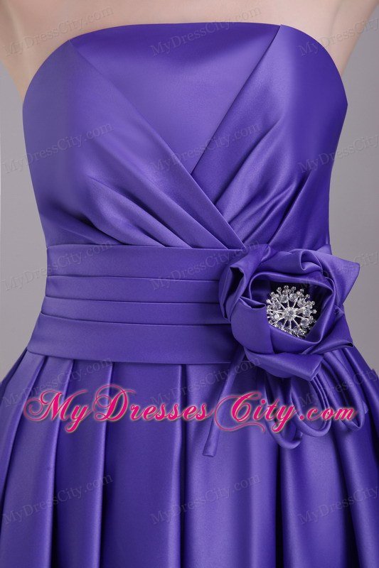 Strapless Satin Short Homecoming Dress with Purple Flower