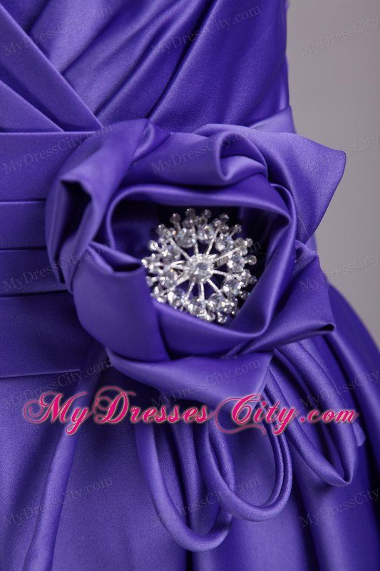 Strapless Satin Short Homecoming Dress with Purple Flower