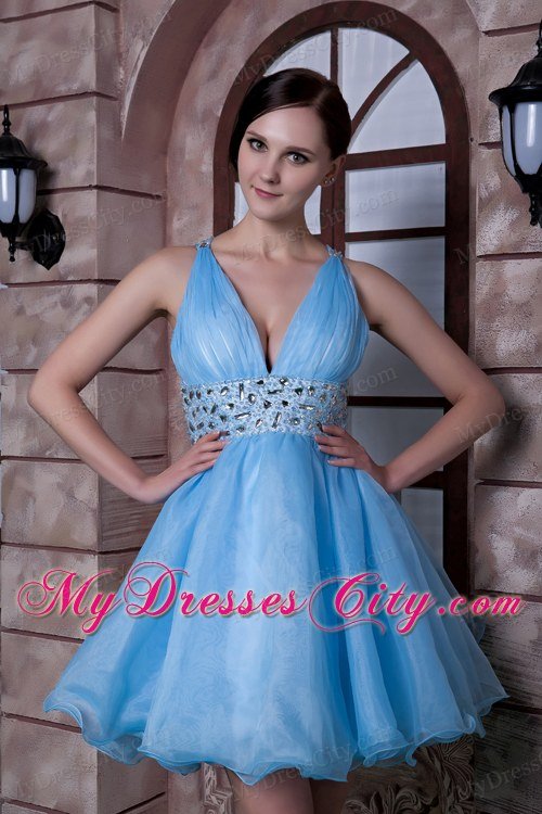 Aqua Blue V-neck Mini-length Organza Beaded Homecoming Dress