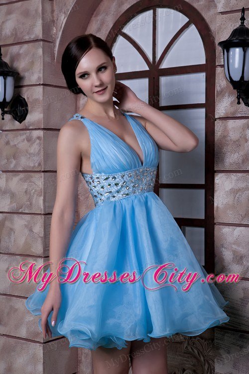 Aqua Blue V-neck Mini-length Organza Beaded Homecoming Dress