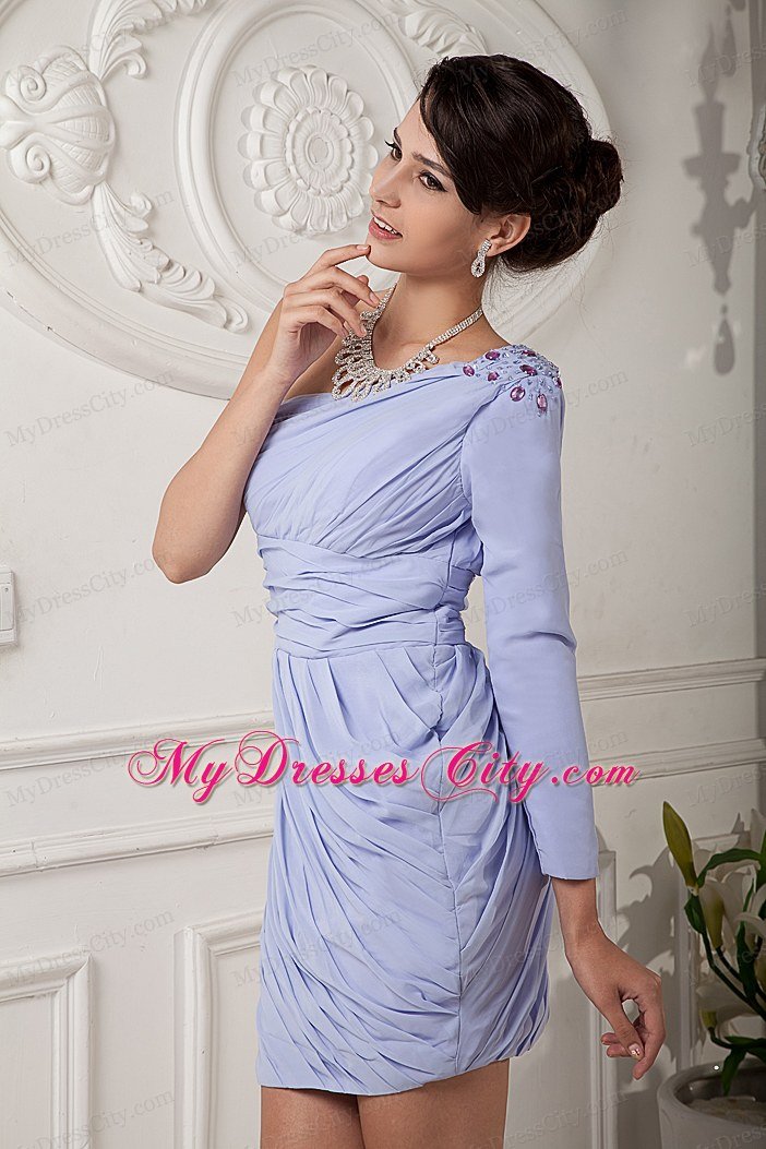 Lilac Mini One Shoulder Beaded Homecoming Dress with Sleeve