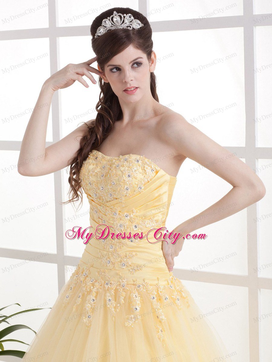 2013 Gold Beautiful Strapless Prom Dress Appliques With Lace-up