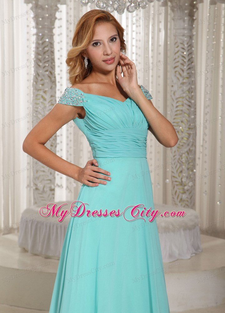 Simple Turquoise Off The Shoulder Ruched Prom Dress With Chiffon