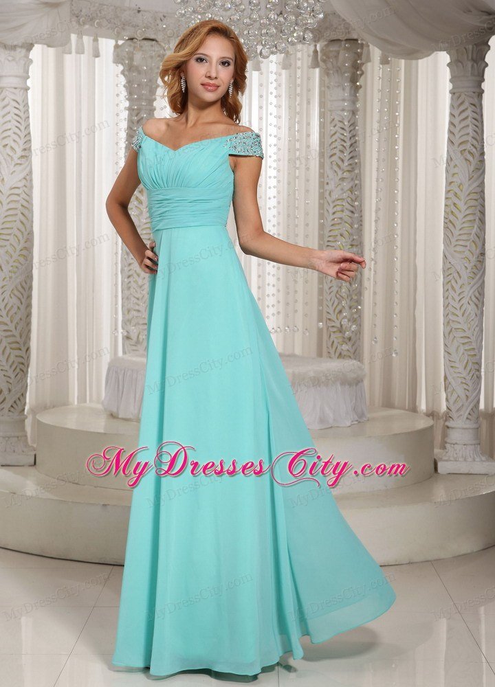Simple Turquoise Off The Shoulder Ruched Prom Dress With Chiffon