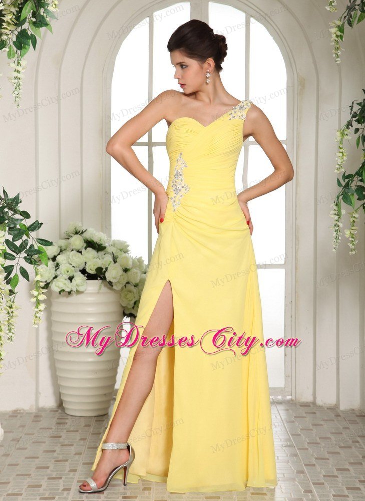 Sexy Yellow One Shoulder High Slit Chiffon Prom Dress 2013