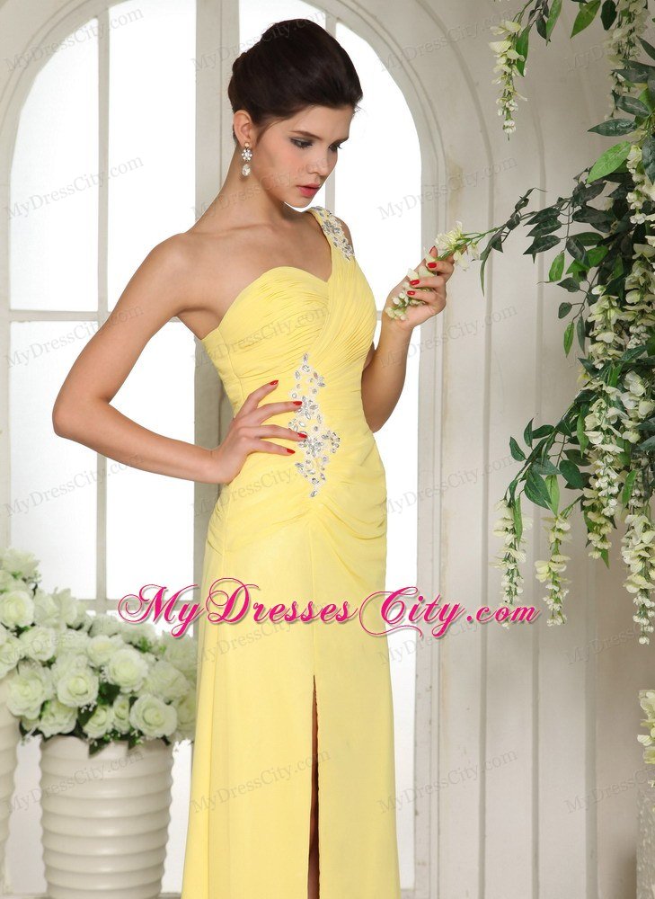 Sexy Yellow One Shoulder High Slit Chiffon Prom Dress 2013