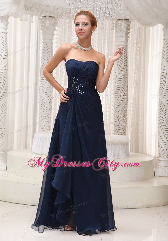 2013 Strapless Navy Blue Chiffon Dress For Prom with Ruches