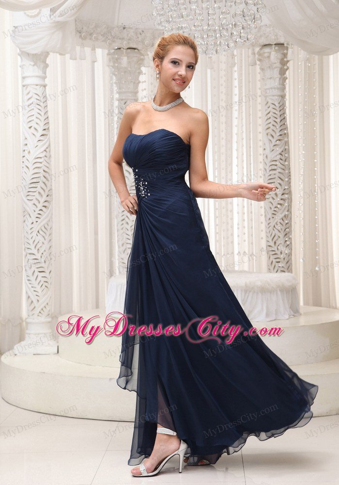 2013 Strapless Navy Blue Chiffon Dress For Prom with Ruches