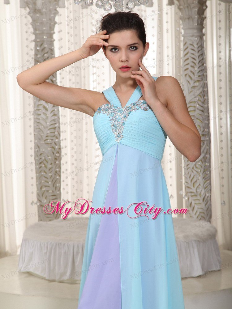 Blue and Purple Straps Chiffon Prom Dress with Ruches and Beading