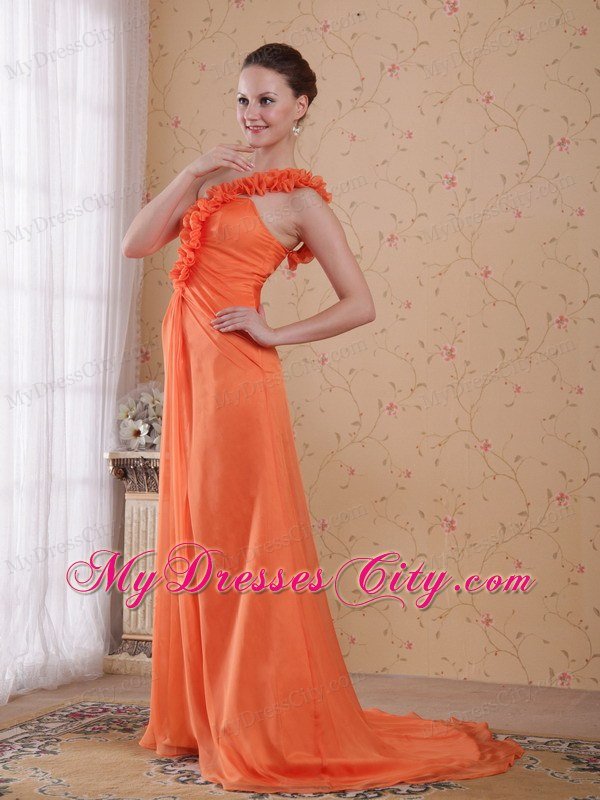 Orange Red Flower One Shoulder Chiffon Prom Dress with Ruches