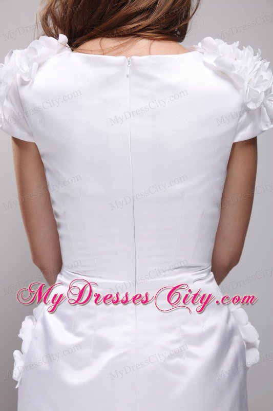 White Column Scoop Cap Sleeves Satin Appliques Prom Dress