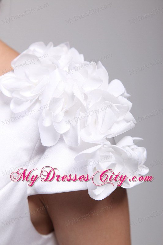 White Column Scoop Cap Sleeves Satin Appliques Prom Dress